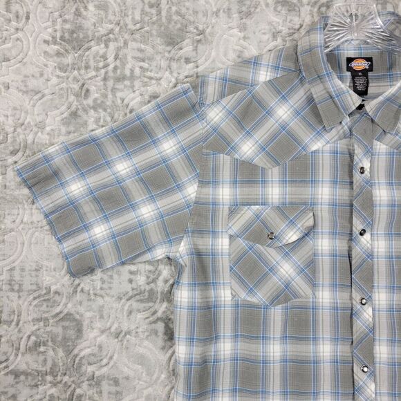 Dickies Shirt Mens XL Gray Plaid Pearl Snap Western Cowboy Rodeo Short Sleeve - Picture 3 of 11